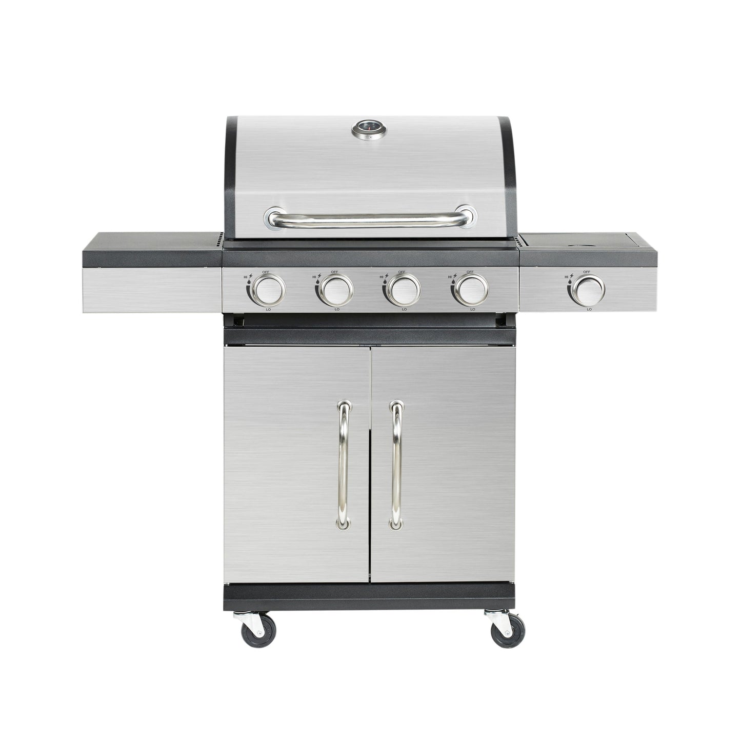 Stainless steel 4 burner BBQ grill with side shelves for outdoor cooking