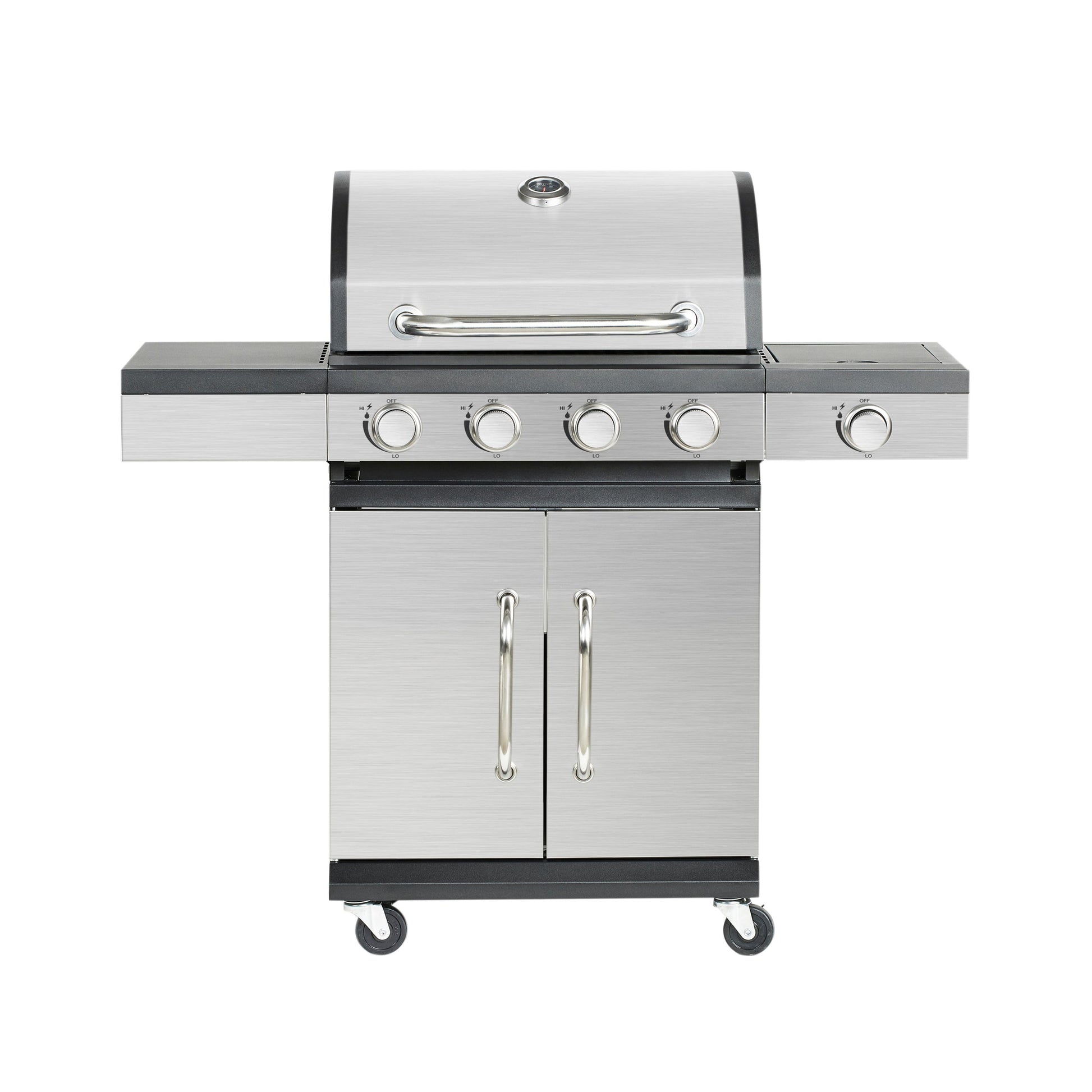 Stainless steel 4 burner BBQ grill with side shelves for outdoor cooking