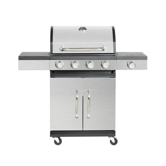 Stainless steel 4 burner BBQ grill with side shelves for outdoor cooking